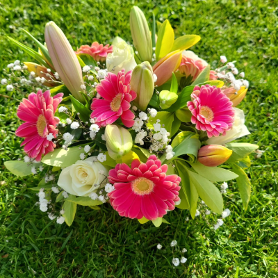 Basket of joy - Basket of fresh flowers in pinks and creams - Please note flower content may vary