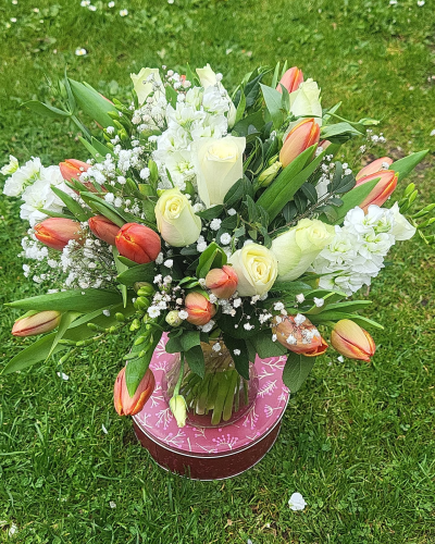 Elegance - Vase of fresh flowers in peach, creams and whites. Please note content may vary depending on availability